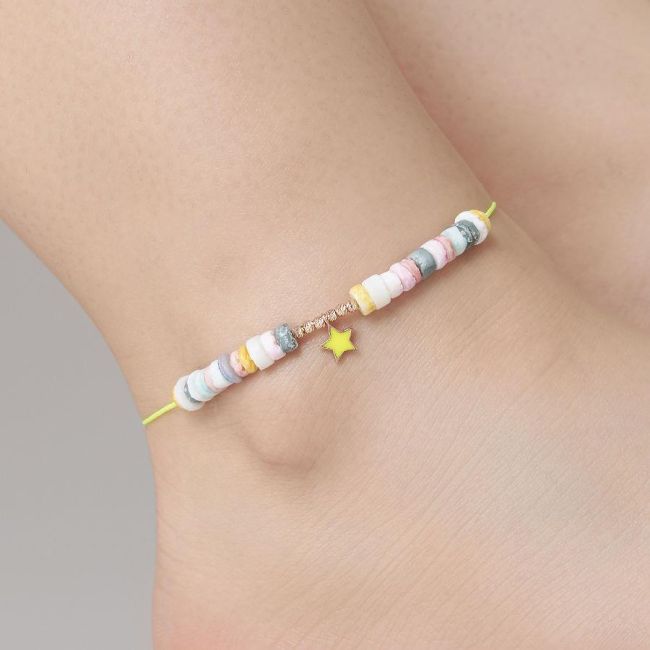 Renkli Taşlı Neon Sarı Yıldızlı İpli Gümüş Halhal - 1