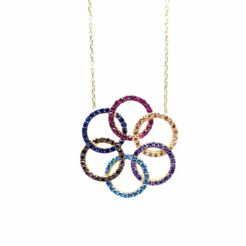 Renkli Taşlı Olimpiyat Halkaları Altın Kolye - CNG Jewels