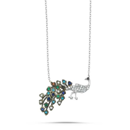 Renkli Taşlı Tavus Kuşu Gümüş Bayan Kolye - CNG Jewels