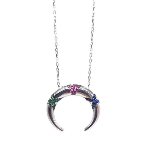 Renkli Taşlı Ters Hilal Gümüş Kadın Kolye - CNG Jewels