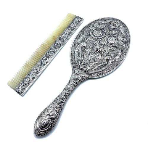 Rose Large Hand Mirror Comb Double Silver Set No 4 - CNG Jewels
