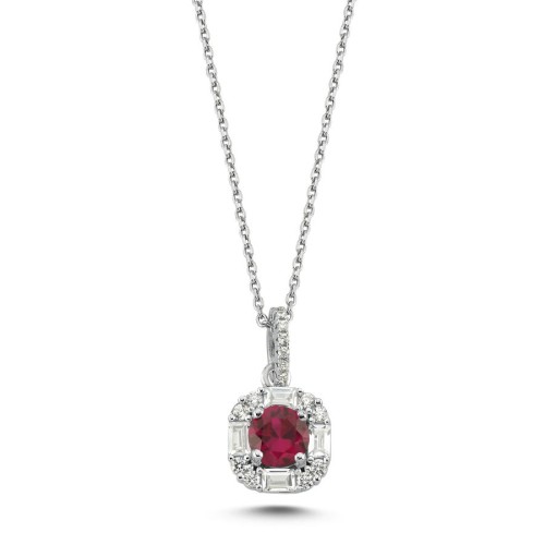 Ruby Baguette Stone Design Women's Silver Necklace 