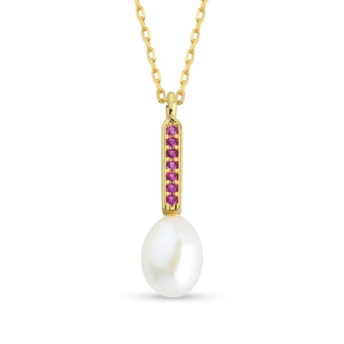 Ruby Gerçek Damla İnci Gold Kadın Gümüş Kolye - CNG Jewels