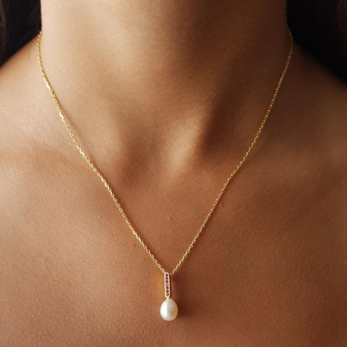 Ruby Gerçek Damla İnci Gold Kadın Gümüş Kolye - CNG Jewels (1)