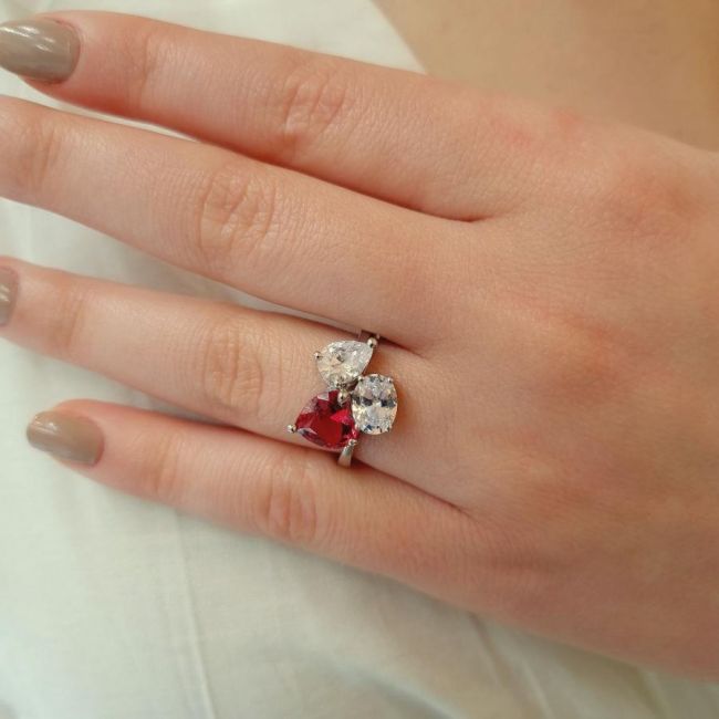 Ruby Kalp Damla Oval Tria Kadın Gümüş Yüzük - 1