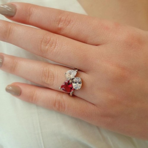 Ruby Kalp Damla Oval Tria Kadın Gümüş Yüzük - CNG Jewels