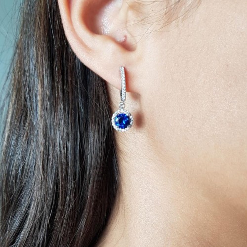 Safir Mavisi Sallantılı Taşlı Kadın Gümüş Küpe - CNG Jewels