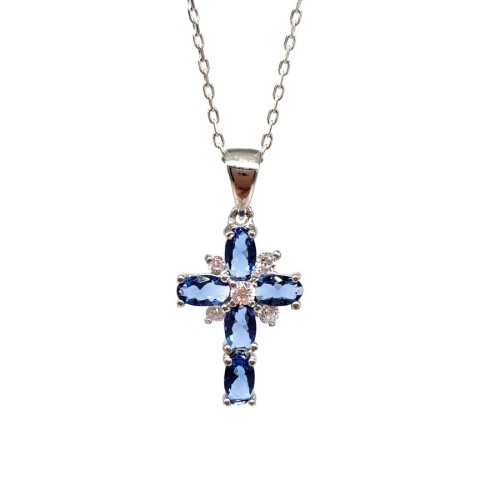 Sapphire Stone Cross Women's Silver Necklace 
