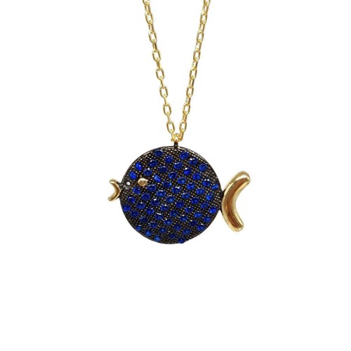 Safir Taşlı Tombul Balık Gümüş Bayan Kolye - CNG Jewels