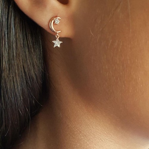 Sallantılı Ay ve Taşlı Yıldız Rose Gümüş Bayan Küpe - CNG Jewels