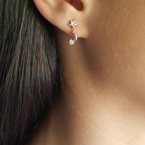 Sallantılı Ay ve Taşlı Yıldız Rose Gümüş Kadın Küpe - CNG Jewels (1)