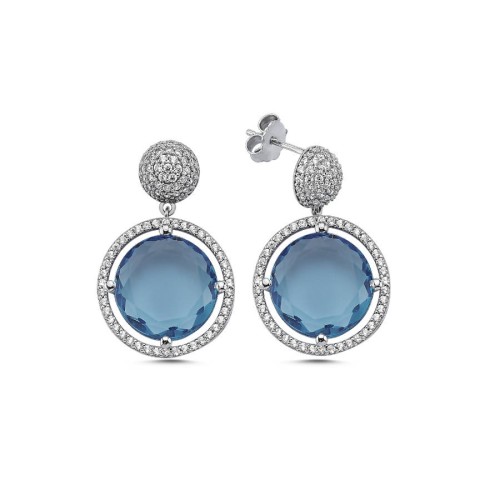 Sallantılı Flat Blue Pave Taşlı Gümüş Kadın Küpe - CNG Jewels