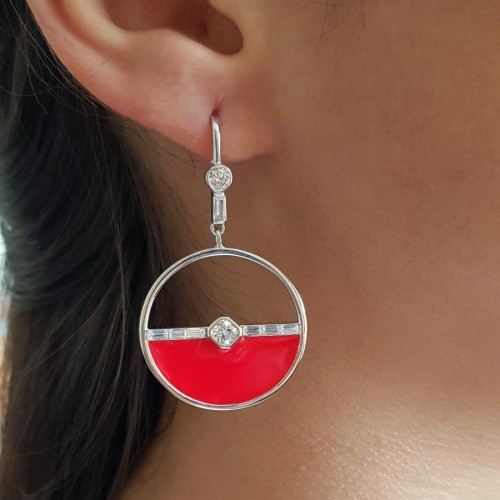 Sallantılı Geometrik Kırmızı Mineli Gümüş Bayan Küpe - CNG Jewels
