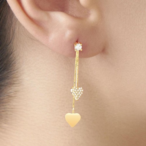 Sallantılı İkili Kalp Gold Gümüş Bayan Küpe - CNG Jewels