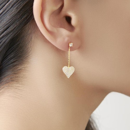 Sallantılı İkili Kalp Gold Gümüş Bayan Küpe - CNG Jewels (1)