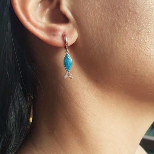 Dangling Blue Enamel Fish Trend Silver Women's Earrings - 1