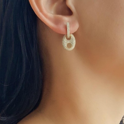 Sallantılı Taşlı Düğme Gold Gümüş Kadın Küpe - CNG Jewels