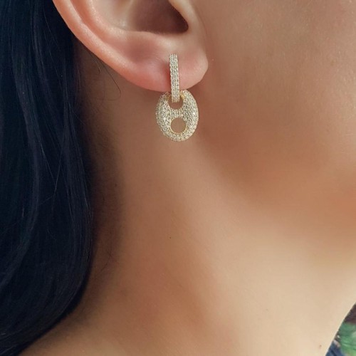 Sallantılı Taşlı Düğme Gold Gümüş Kadın Küpe - CNG Jewels (1)