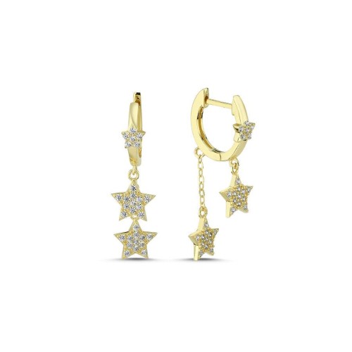 Sallantılı Taşlı İki Yıldız Gold Gümüş Halka Küpe - CNG Jewels