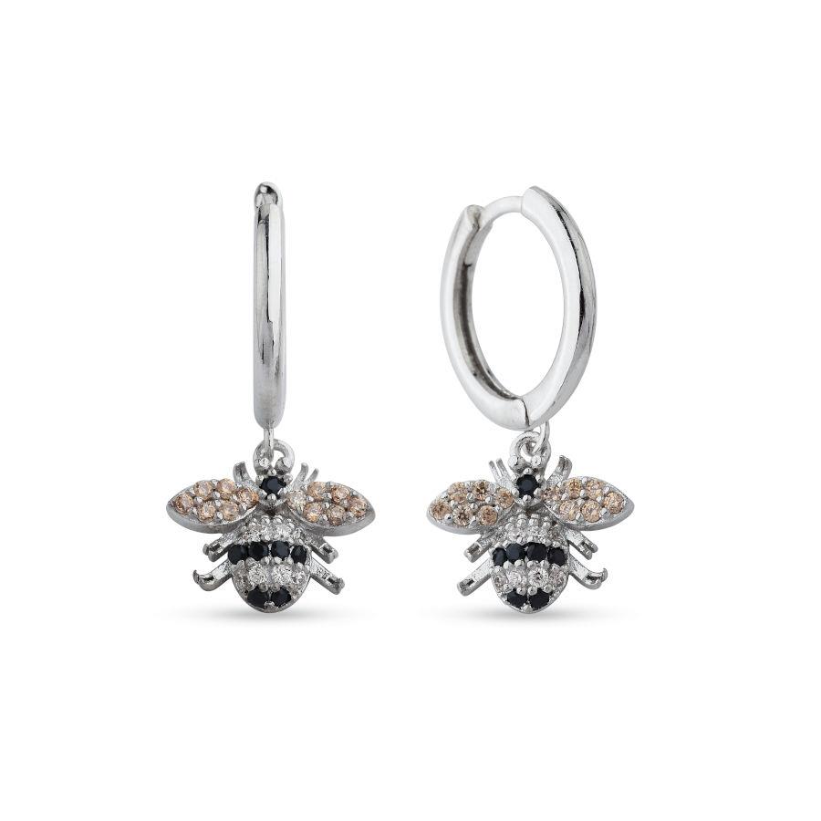Small Bee Women's Silver Earrings with Dangling Stones - CNG Jewels