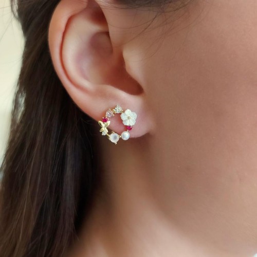 Sedef Çiçekli İncili Pembe Taşlı Gold Gümüş Bayan Küpe - CNG Jewels