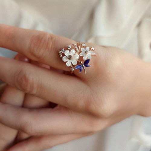 Sedef Çiçekli Mor Yusufçuklu Gümüş Bayan Yüzük - CNG Jewels