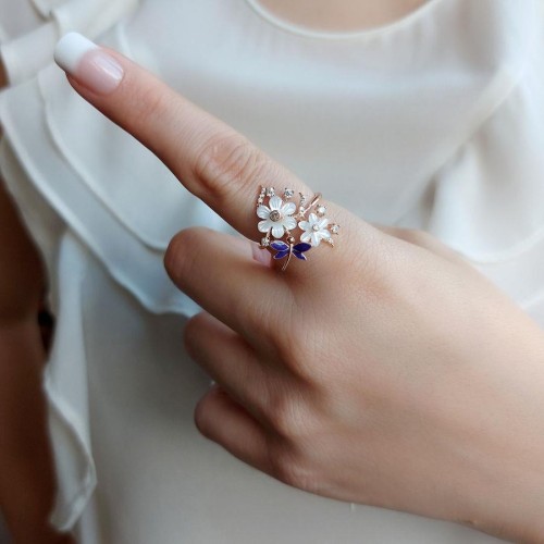 Sedef Çiçekli Mor Yusufçuklu Gümüş Bayan Yüzük - CNG Jewels (1)