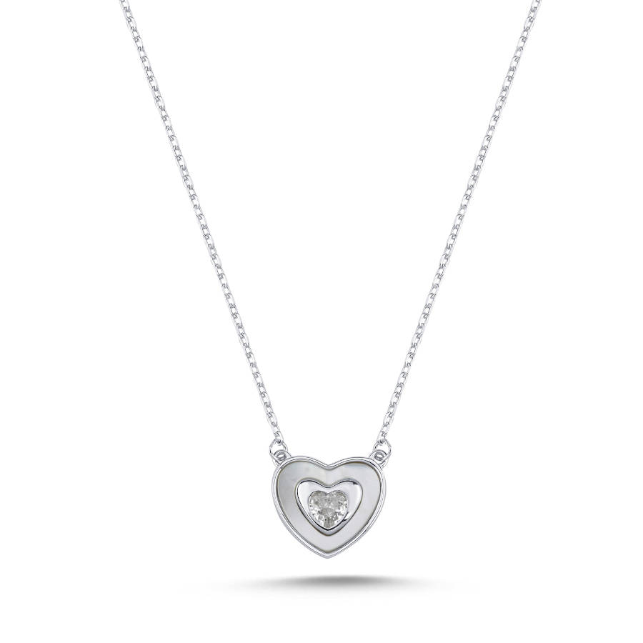 Mother of Pearl Heart Solitaire Silver Women's Necklace - CNG Jewels
