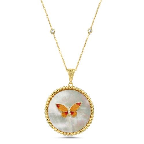 Sedef Taşlı Renkli Kelebek Madalyon Kadın Gümüş Kolye - CNG Jewels