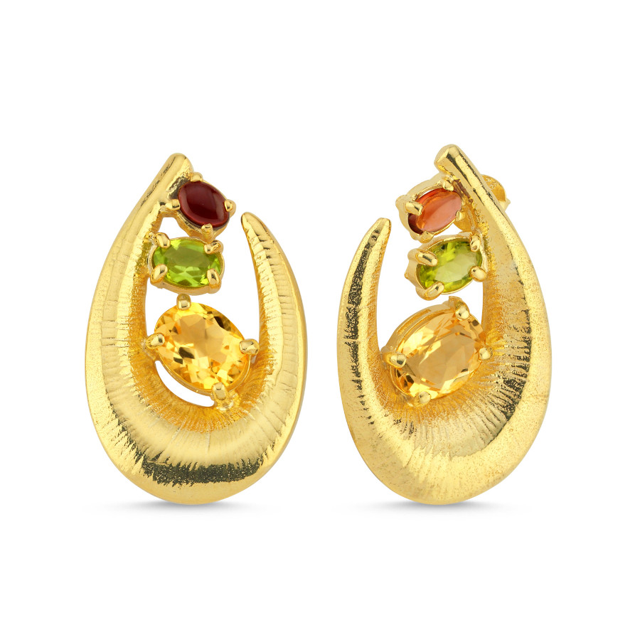 Sitrin Peridot Granat Taşlı Tasarım Gümüş Küpe - CNG Jewels