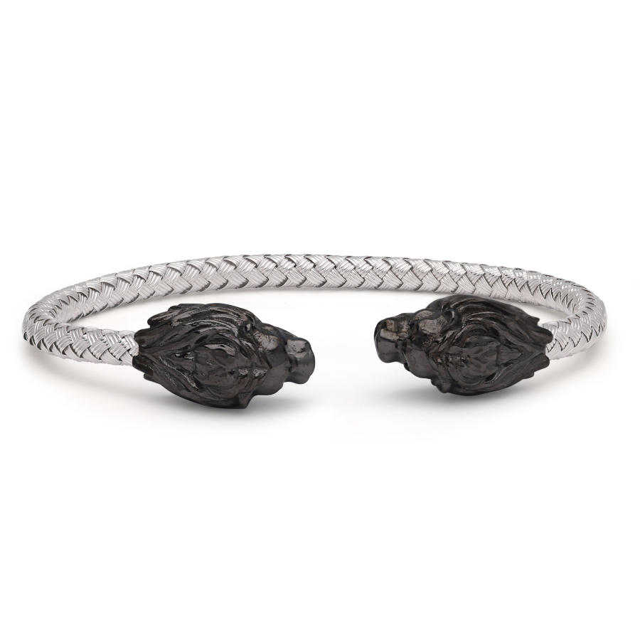 Black Lion White Straw Knit Silver Men's Bracelet - CNG Jewels (1)