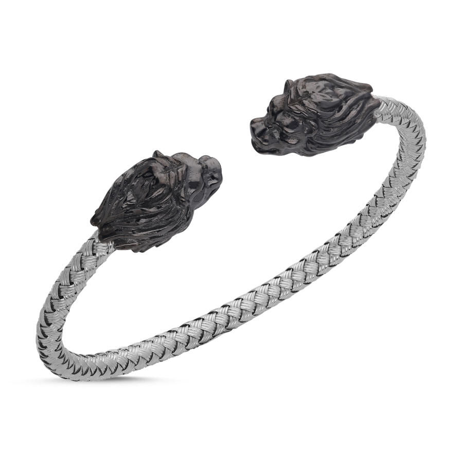 Black Lion White Straw Knit Silver Men's Bracelet - CNG Jewels