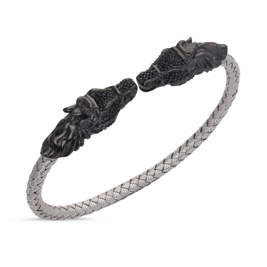 White Straw Knit Silver Men's Bracelet with Black Horse Motif - CNG Jewels