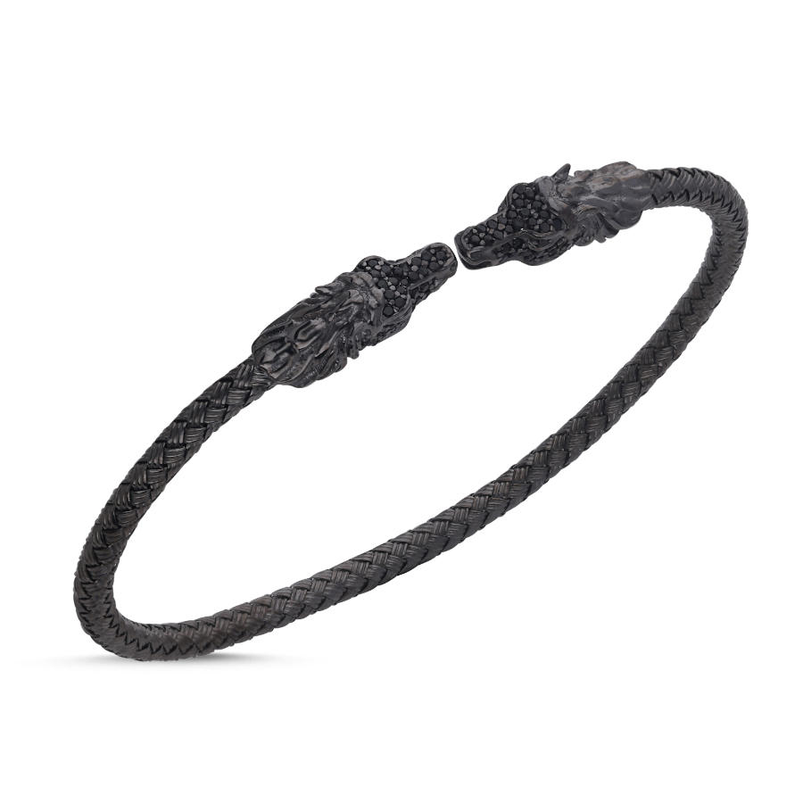 Black Horse Motif Straw Knit Silver Men's Bracelet - CNG Jewels