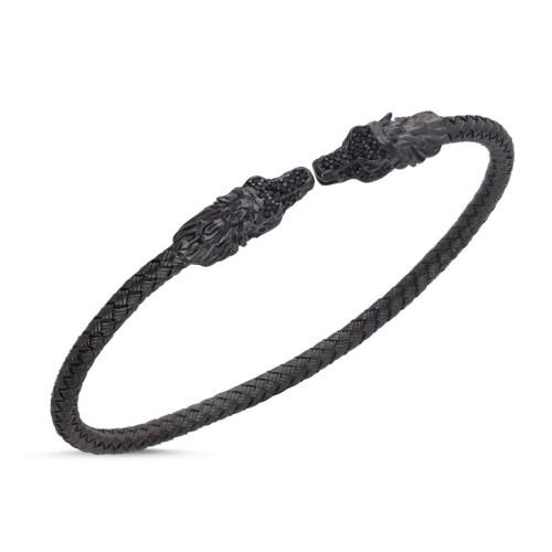 Siyah At Motifli Hasır Örgü Gümüş Erkek Bilekliği - CNG Jewels