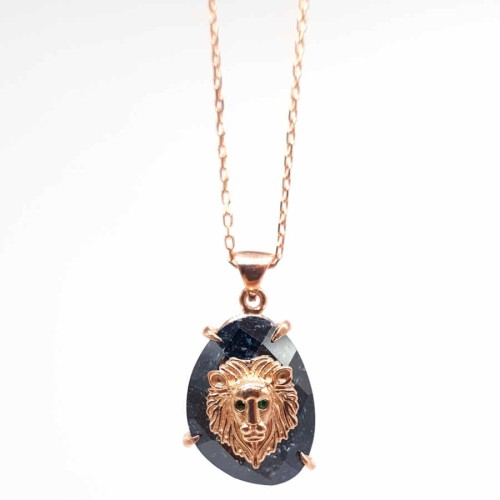 Black Ice Quartz Stone Lion Head Rosegold Silver Women's Necklace 