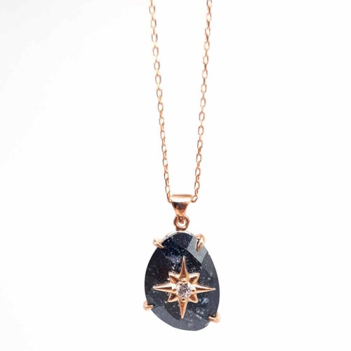Black Ice Quartz Stone Polar Star Rosegold Silver Women's Necklace 