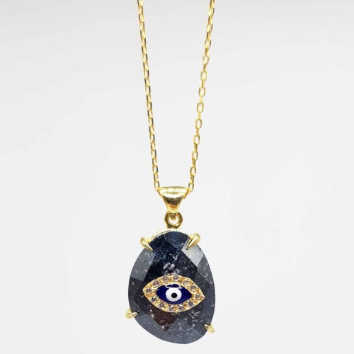 Evil Eye Silver Women's Necklace with Black Ice Quartz Stone 