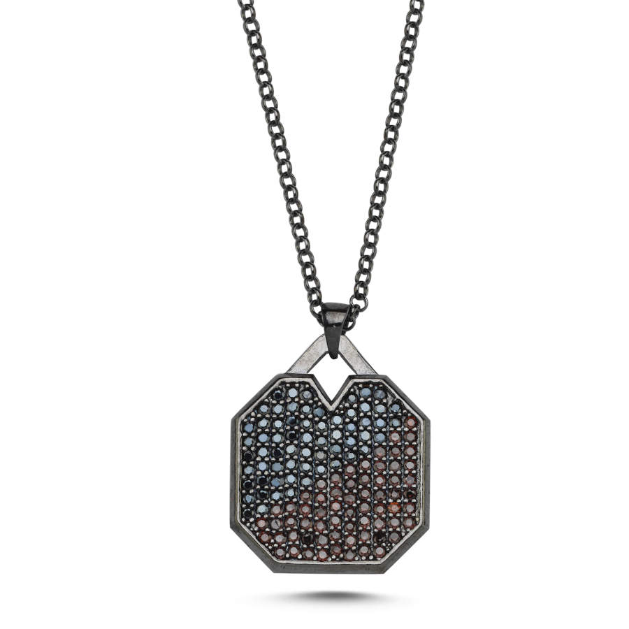 Black Cognac Octagon Plate Design Silver Men's Necklace - CNG Jewels