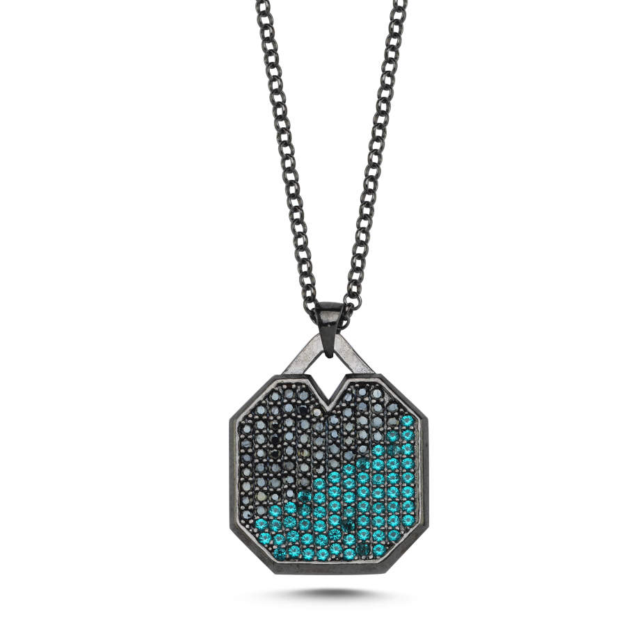 Black Blue Octagon Plate Design Men's Silver Necklace - CNG Jewels