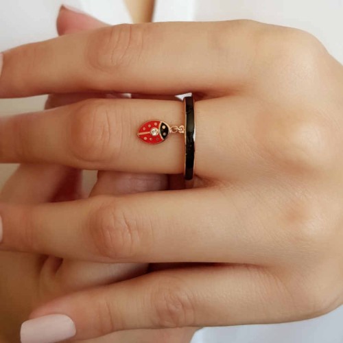 Siyah Mineli Uğur Böcekli Gümüş Bayan Yüzük - CNG Jewels (1)