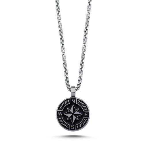 Siyah Pusula Çelik Erkek Kolye - CNG Jewels