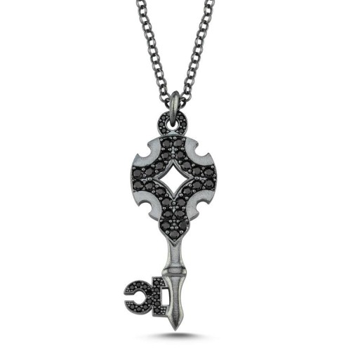 Siyah Taşlı Anahtar Özel Tasarım Gümüş Erkek Kolye - CNG Jewels