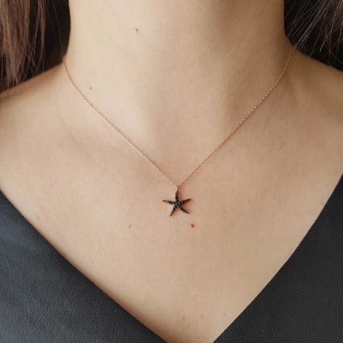 Siyah Taşlı Deniz Yıldızı Gümüş Kadın Kolye - CNG Jewels (1)