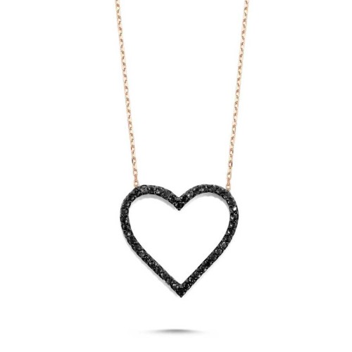 Siyah Taşlı Kalpli Gümüş Kadın Kolye - CNG Jewels