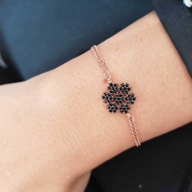 Siyah Taşlı Kar Tanesi Rose Gümüş Kadın Bileklik - 1