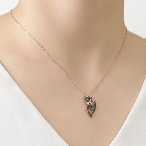 Siyah Taşlı Kedi Gümüş Bayan Kolye - CNG Jewels