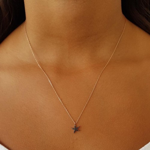 Siyah Taşlı Küçük Deniz Yıldızı Gümüş Bayan Kolye - CNG Jewels (1)