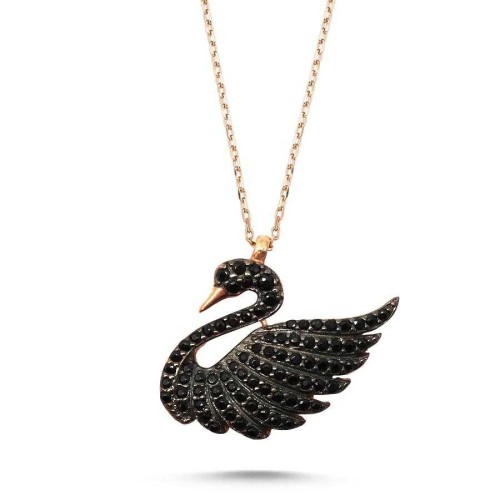 Siyah Taşlı Kuğu Modeli Gümüş Kadın Kolye 