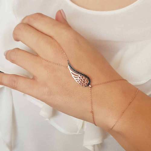 Siyah Taşlı Melek Kanadı Rosegold Gümüş Şahmeran Bileklik - CNG Jewels